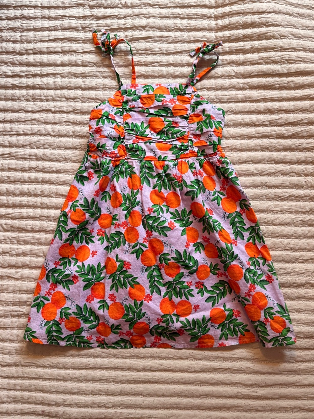 Crewcuts Orange Fruit Print Dress with Green Leaf Pattern
